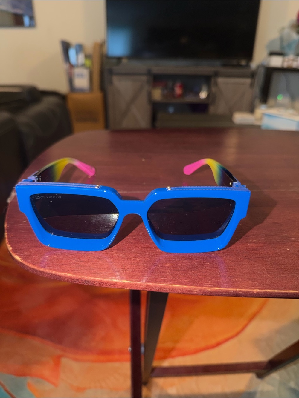 Louis Vuitton Bright Blue Geometric Sunglasses with Rainbow Temples